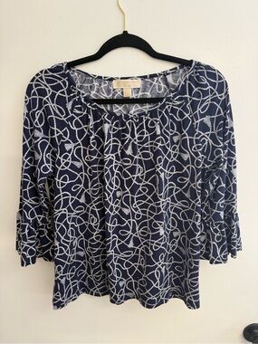 Michael Kors Navy and White Rope-Print Long Sleeve Top